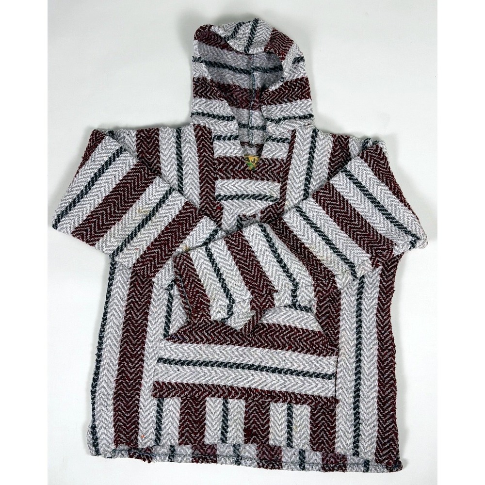 Baja Joe Size Small Mexican Drug Rug Hoodie Burgundy Grey Poncho Pullover‎
